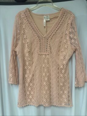 Forgotten Grace Crochet Trim Blouse in Dusty Peach